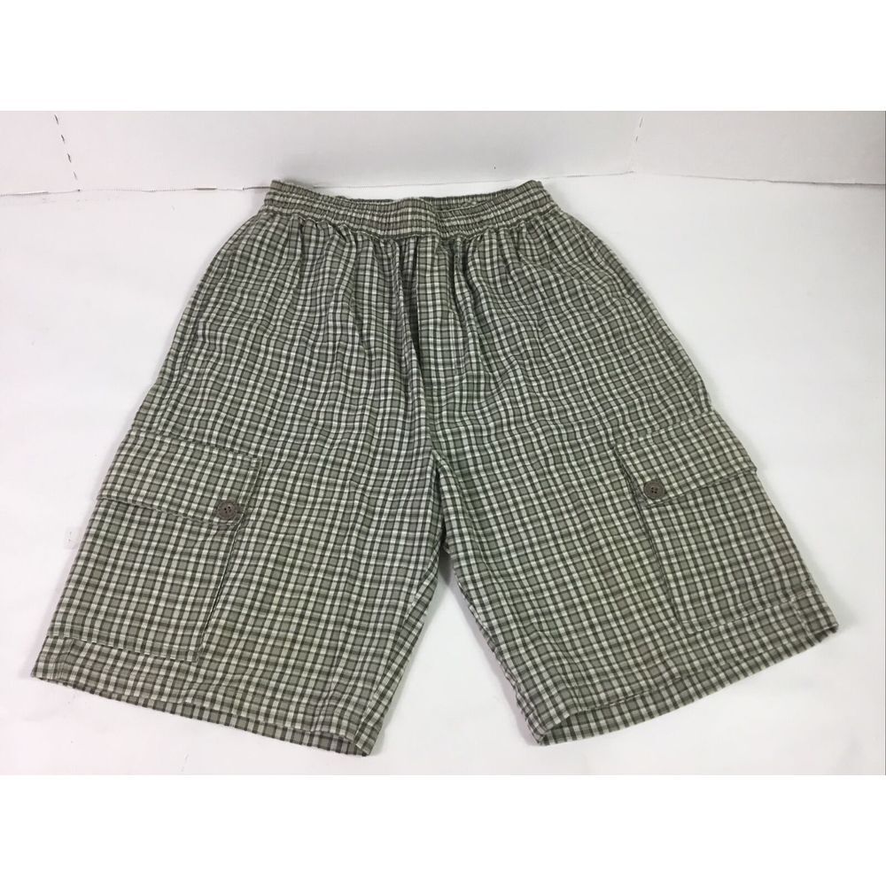 Raw Edge Sportswear Shorts Womens Size L Green Beige Plaid Pockets‎ draw string